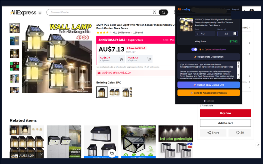 AliDrop Pro extension exporting an AliExpress product to eBay